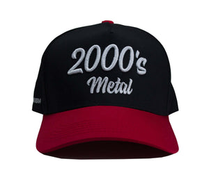 2000s metal hat featuring black and red color scheme with embroidered text on the front.