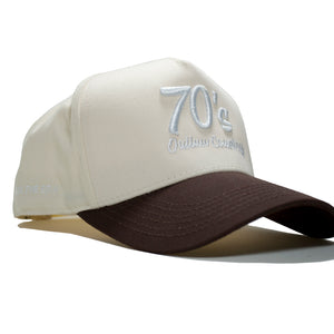 70s Outlaw Country Hat snapback in brown and cream with bold 3D embroidered design. Retro Lids hat inspired by the rugged outlaw era of the 1970s.