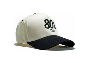 80s Rock Hat featuring 3D embroidered design in cream and black, perfect for fans of classic 80s rock and bold guitar-driven style.