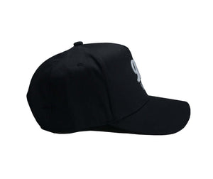 90s Hip Hop Hat in black with raised 3D stitching, inspired by the golden era of hip hop fashion.