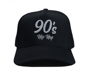 90s Hip Hop Hat with bold 3D embroidery in black, capturing the iconic look and attitude of 90s hip hop style.